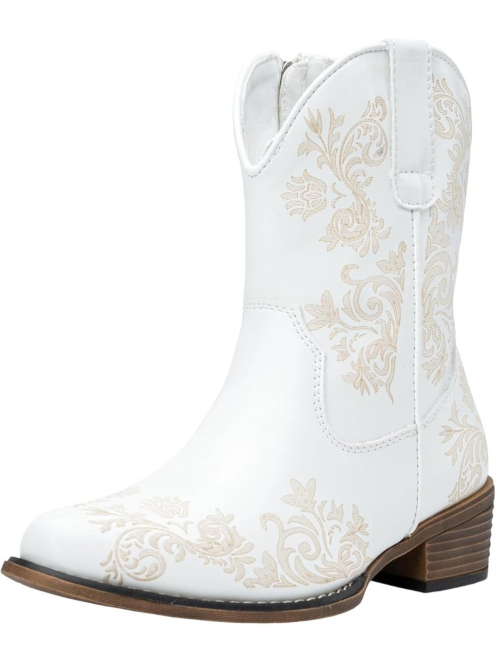 Women‘s White Leather Cowboy Cowgirl Ankle Western Square Toe Low Heel